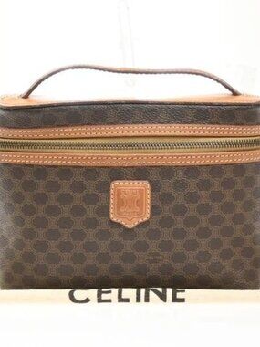 CELINE Logo Macadam Pattern Vanity Hand Bag PVC Leather Brown GHW 69MA396